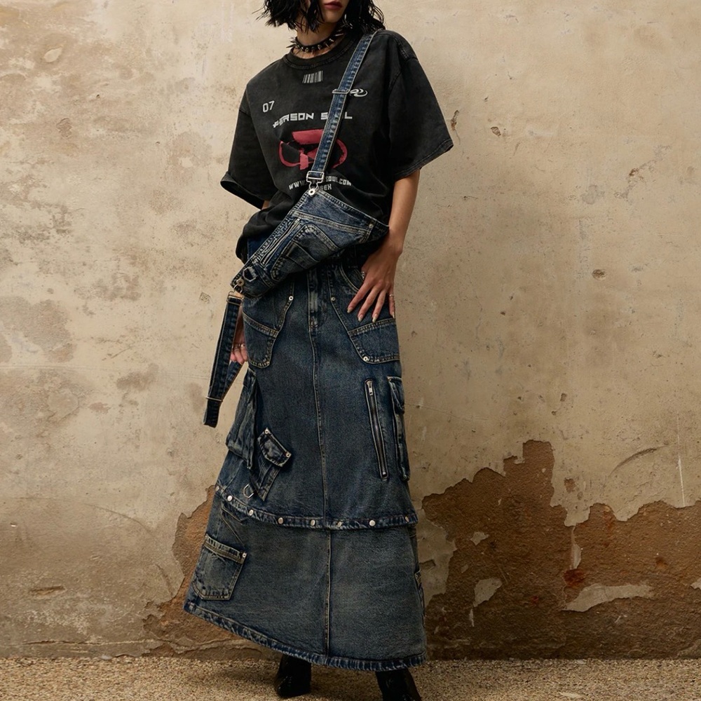 PERSONSOUL MUD MAXI DENIM DUNGAREES SKIRT, MEDIUM